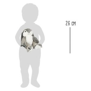 Grijze pluche konijn knuffel van 26 cm naast silhouet van een kind