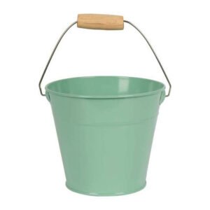 Groene metalen kinder emmer met houten handgreep voor tuinieren