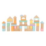 Uitgebreide houten blokken stad met torens en kleurrijke patronen Small Foot - Houten Bouwblokken Pastel