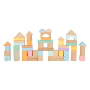 Uitgebreide houten blokken stad met torens en kleurrijke patronen Small Foot - Houten Bouwblokken Pastel