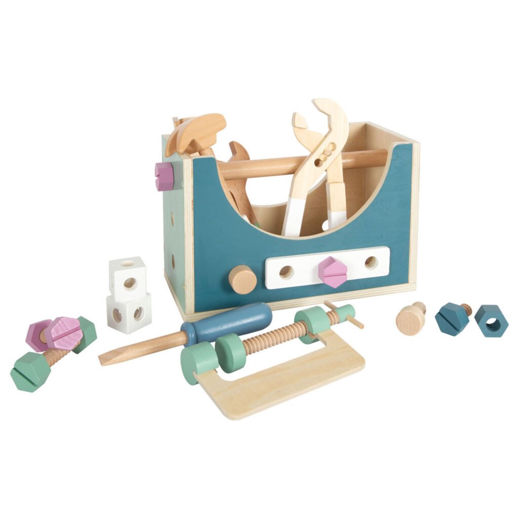 Houten gereedschapskist voor kinderen met speelgoed gereedschap Small Foot Houten Werkbank en Gereedschapskist Nordic 2in1