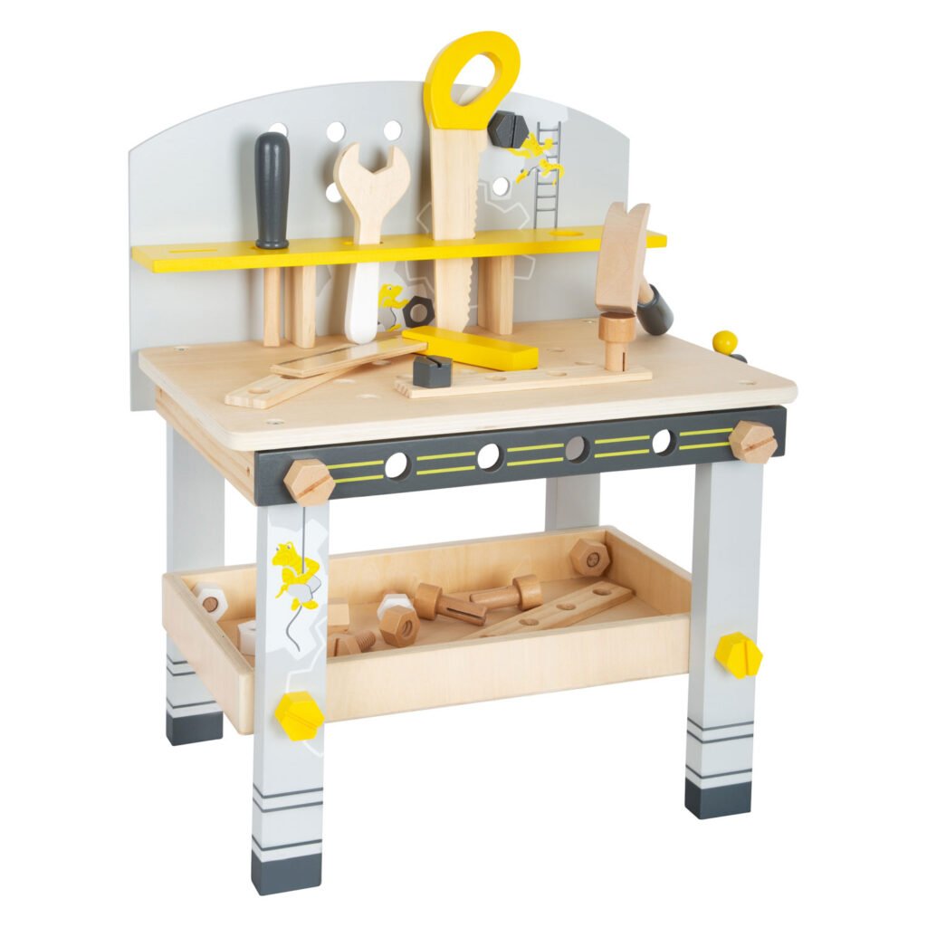Houten kinderwerkbank met zaag, hamer en opbergplank Small Foot - Houten Werkbank Compact Miniwob