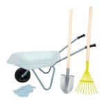 Kinder kruiwagen met schep, hark en handschoenen Small Foot Tuingereedschap Set met Kruiwagen