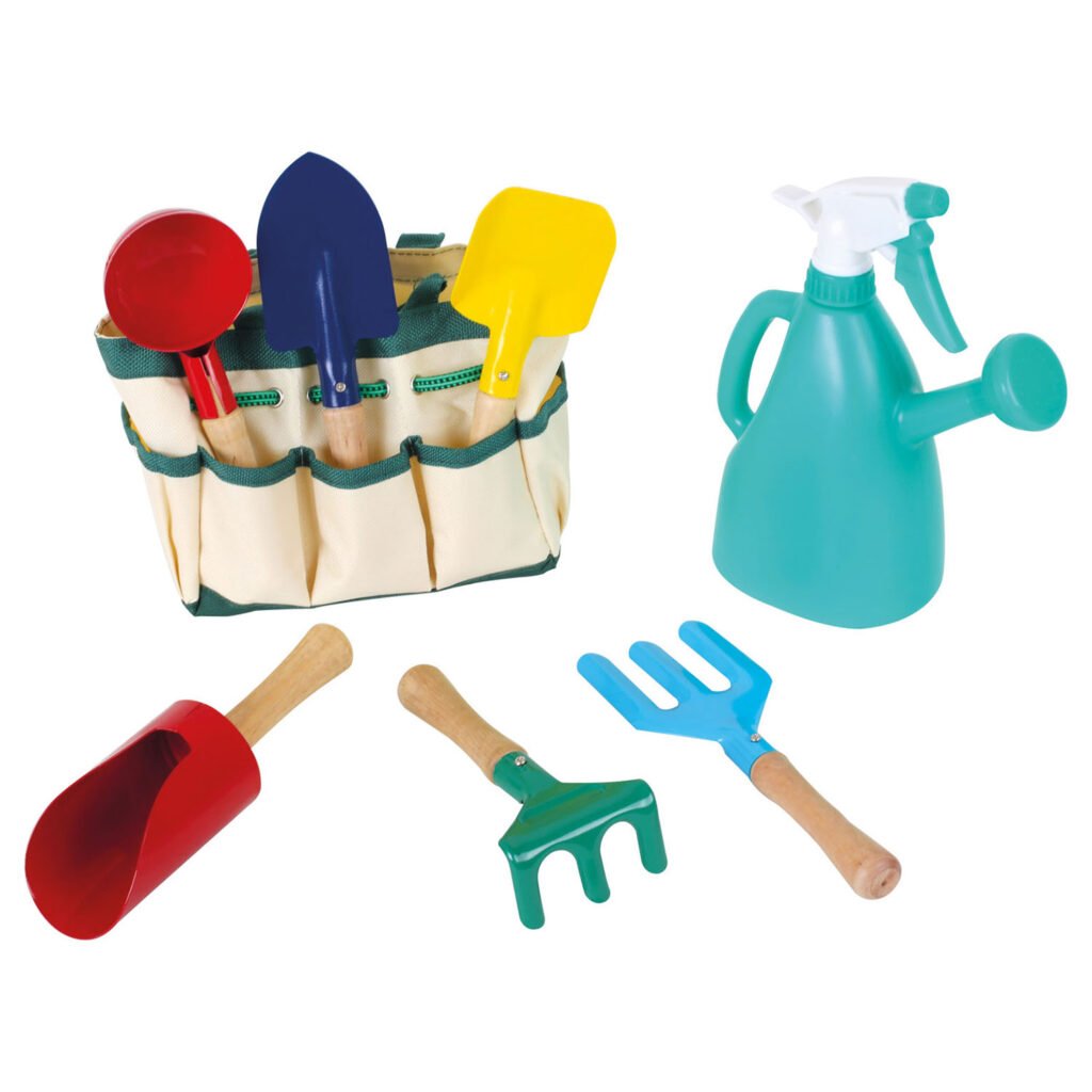 Kinder tuingereedschap set met schepjes, harken, sproeier en opbergtas Small Foot Tuintas met Tuingereedschap