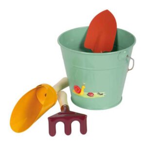 Kinder tuinset met emmer schep hark en plantschepje