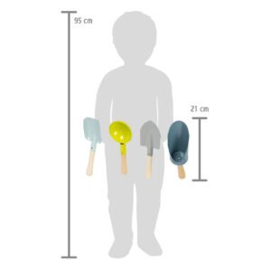 Kindvriendelijke tuinscheppen set voor kinderen van 3+ naast een kindersilhouet, lengte 21 cm