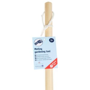 Houten steel van kindertuingereedschap met productlabel en ophangkoord