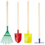 Kleurrijke kindertuingereedschap set met hark, schep, spade en bladhark Small Foot Houten Kinder Tuingereedschap