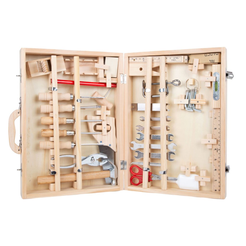 Open houten speelgoed gereedschapskoffer met uitgebreide set gereedschap Small Foot Houten Gereedschapskist Deluxe met Gereedschap