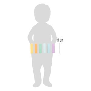 Silhouet van kind met pastel houten blokken op buikhoogte en 9 cm indicatie