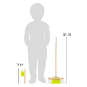 Speelgoed bezem en handveger set met afmetingen van 55 cm en 18 cm