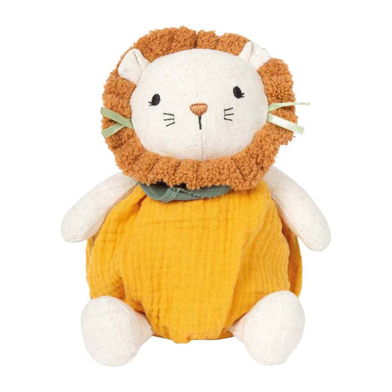 Vooraanzicht pluche leeuw met ronde witte poten en oranje jurk, zachte textuur Small Foot - Knuffel Kleine Leeuw