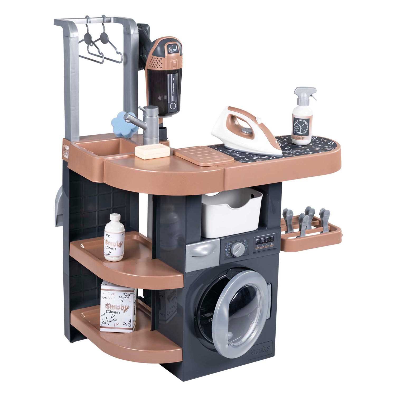 smoby-speelgoed-wasstation-wasmachine-stofzuiger-accessoires Speelgoed was- en strijkstation met wasmachine, stofzuiger en accessoires Smoby Rowenta Wasruimte