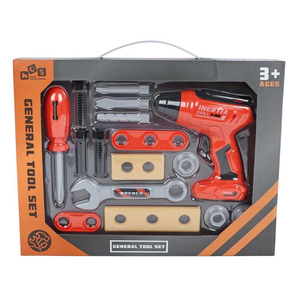 Speelgoed gereedschapset met boormachine, schroevendraaier, steeksleutel en accessoires in verpakking Gereedschapsset met Boormachine