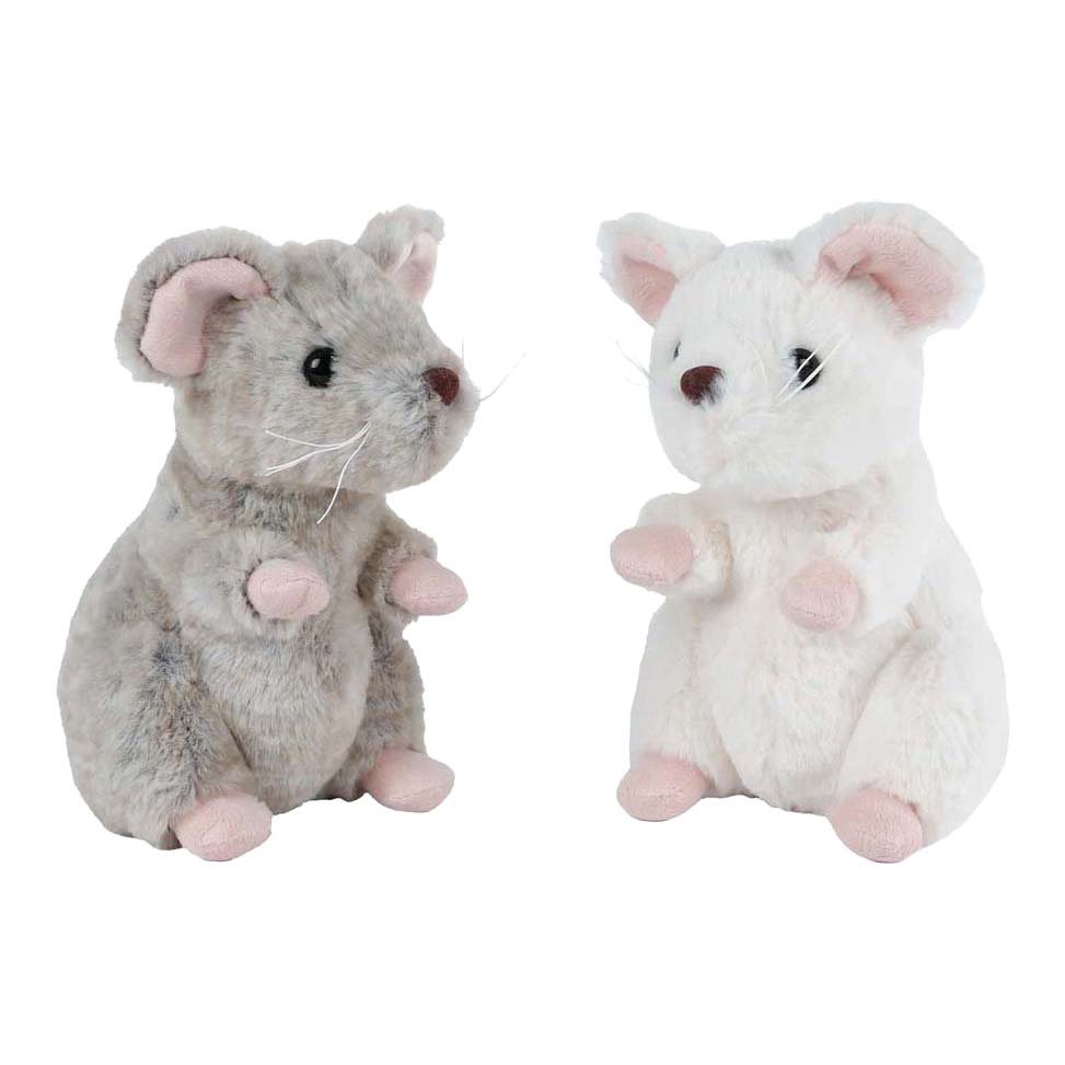 take-me-home-knuffelmuizen-grijs-wit-op-witte-achtergrond Twee schattige knuffelmuisjes, één grijs en één wit, staand op een witte achtergrond Take Me Home Muis Pluche Zittend - 19cm