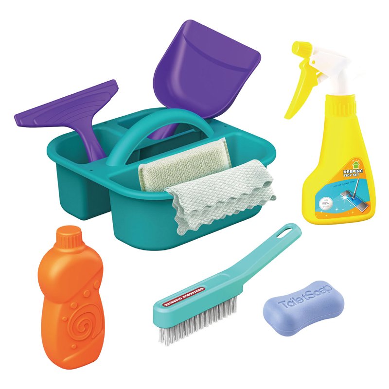 toy-cleaning-kit-components-bucket-sponge-squeegee Speelgoed schoonmaakset onderdelen met emmer spons en sprayfles Badkamer Schoonmaakset