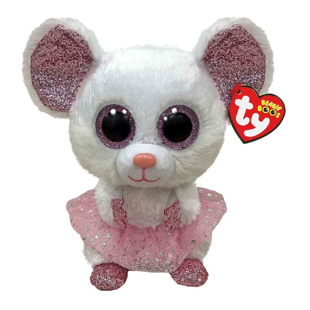TY Beanie Boos knuffel muis in witte pluche met glinsterende roze oren, grote glinsterende ogen en een roze tutu-jurk Ty Beanie Buddy Nina Mouse