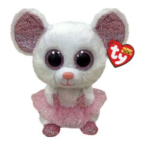 TY Beanie Boos knuffel muis in witte pluche met glinsterende roze oren, grote glinsterende ogen en een roze tutu-jurk Ty Beanie Buddy Nina Mouse