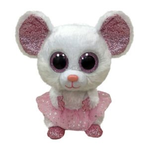 Witte pluchen muis knuffel met grote glinsterende ogen, roze glitters op oren en voeten, en een roze tutu-jurk