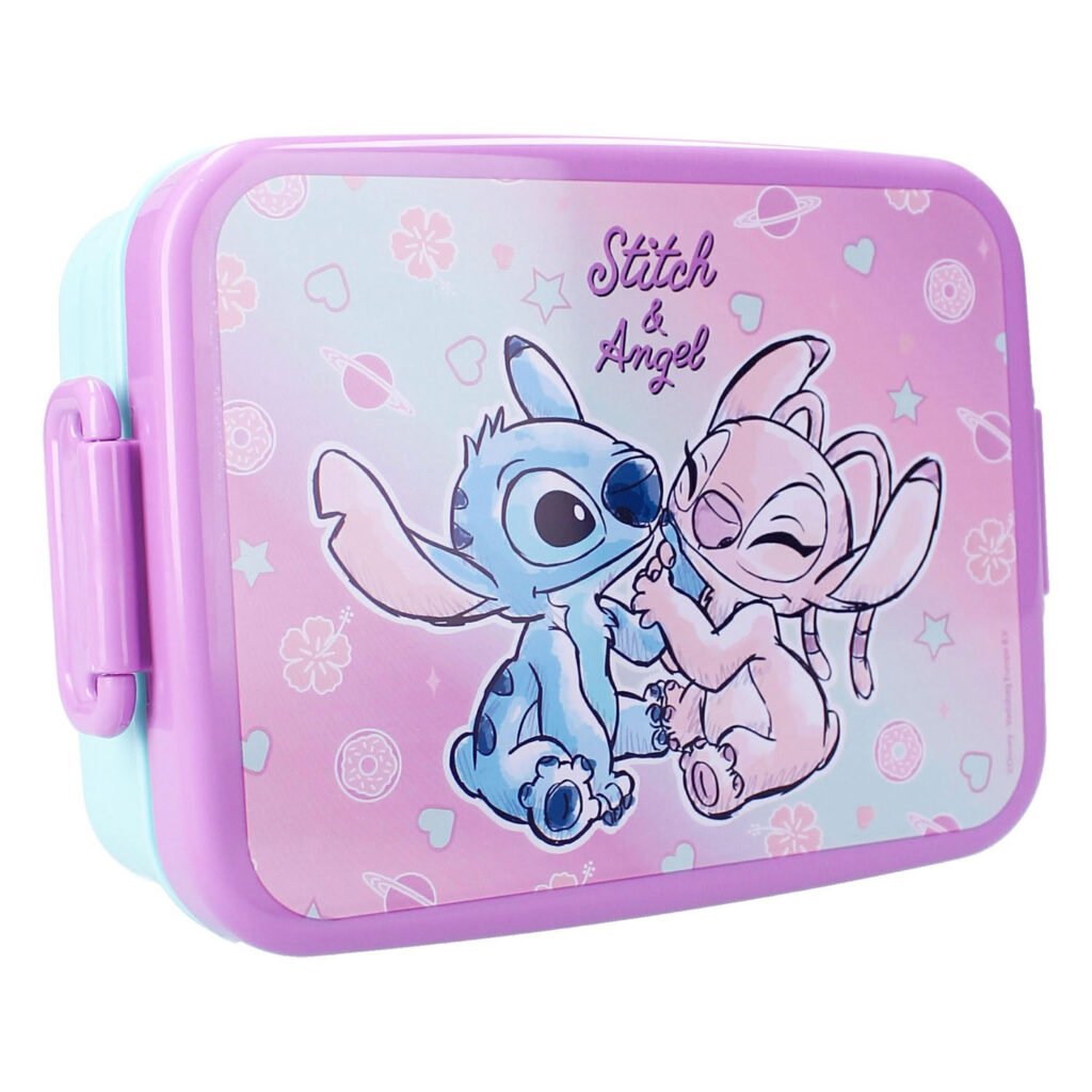 Disney Stitch en Angel lunchbox schuin vooraanzicht roze Lunchbox Stitch Let's Eat