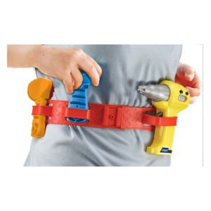 Kind draagt VTech gereedschapsriem met speelgoedgereedschap