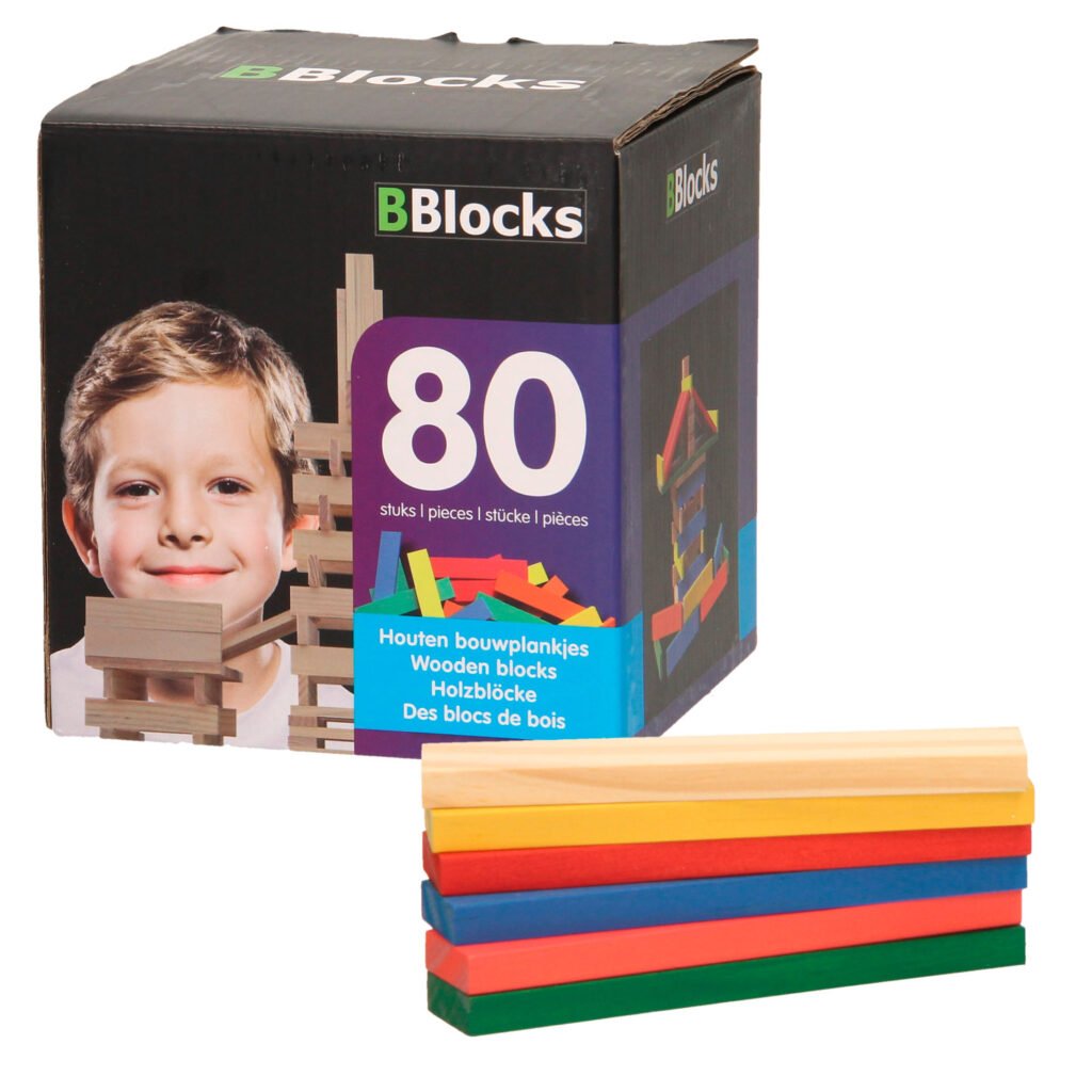 BBlocks gekleurde houten bouwplankjes 80 stuks met verpakking BBlocks Bouwplankjes Kleur