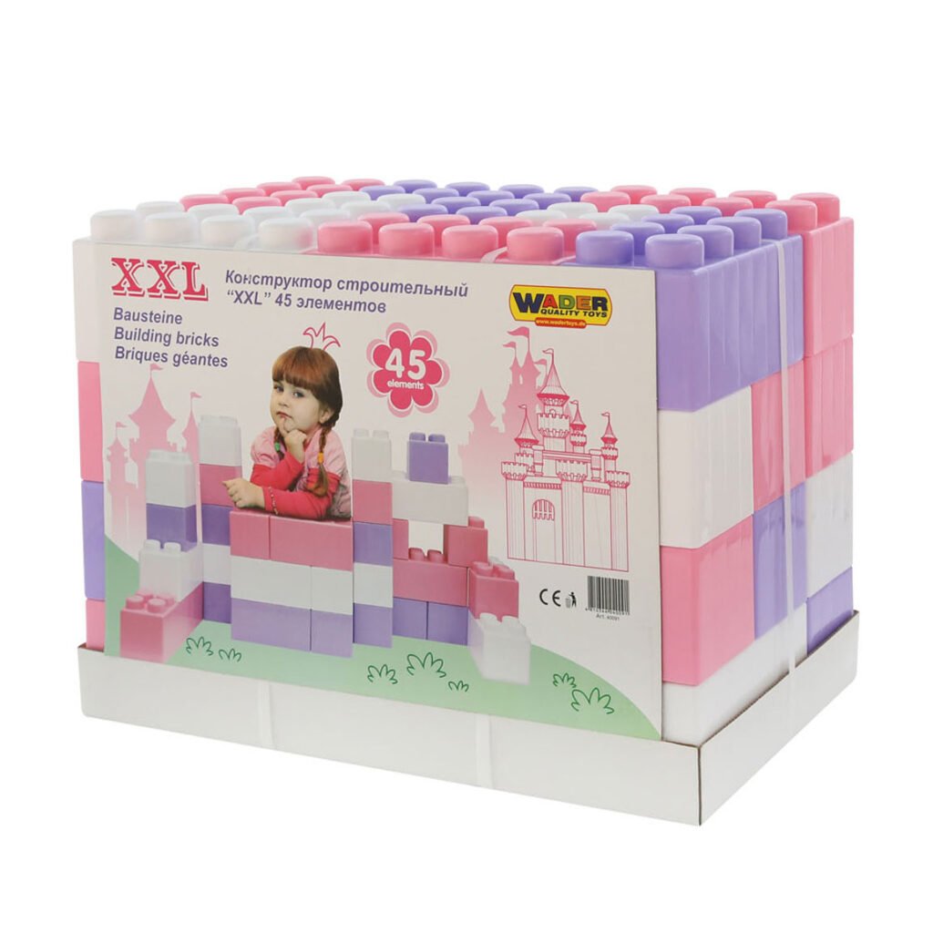 XXL bouwblokken set met 45 pastel roze en paarse bouwstenen in speelgoedverpakking voor kinderen Cavallino Bouwblokken XXL