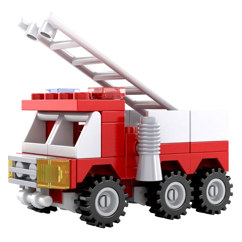 Compacte bouwstenen brandweerauto met uitschuifbare ladder Bouwset Brandweer Ladderwagen