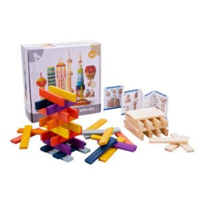 Complete set houten bouwplanken met opbergdoos en voorbeeldenboekje Houten Bouwplankjes 200st.