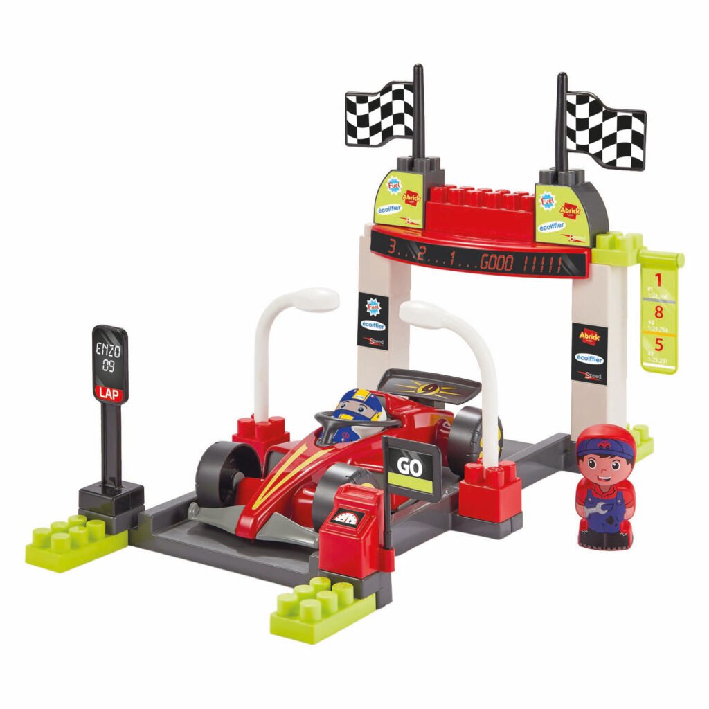 Abrick racebaan met startpoort, raceauto en monteur Ecoiffier Abrick Speelset Pit Stop Formule 1