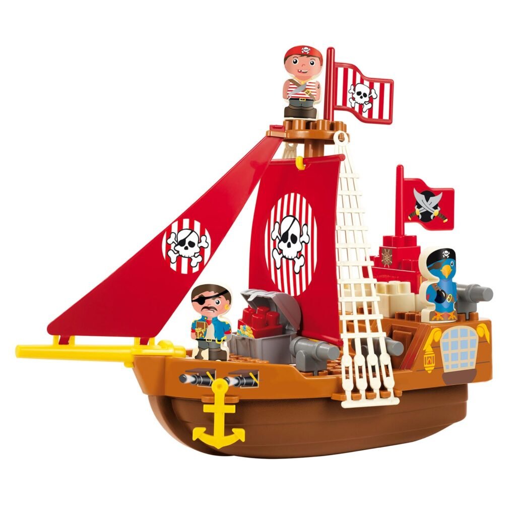 Rode piratenschip speelgoed met zeil, kanonnen en piratenfiguren Ecoiffier Abrick Piratenschip