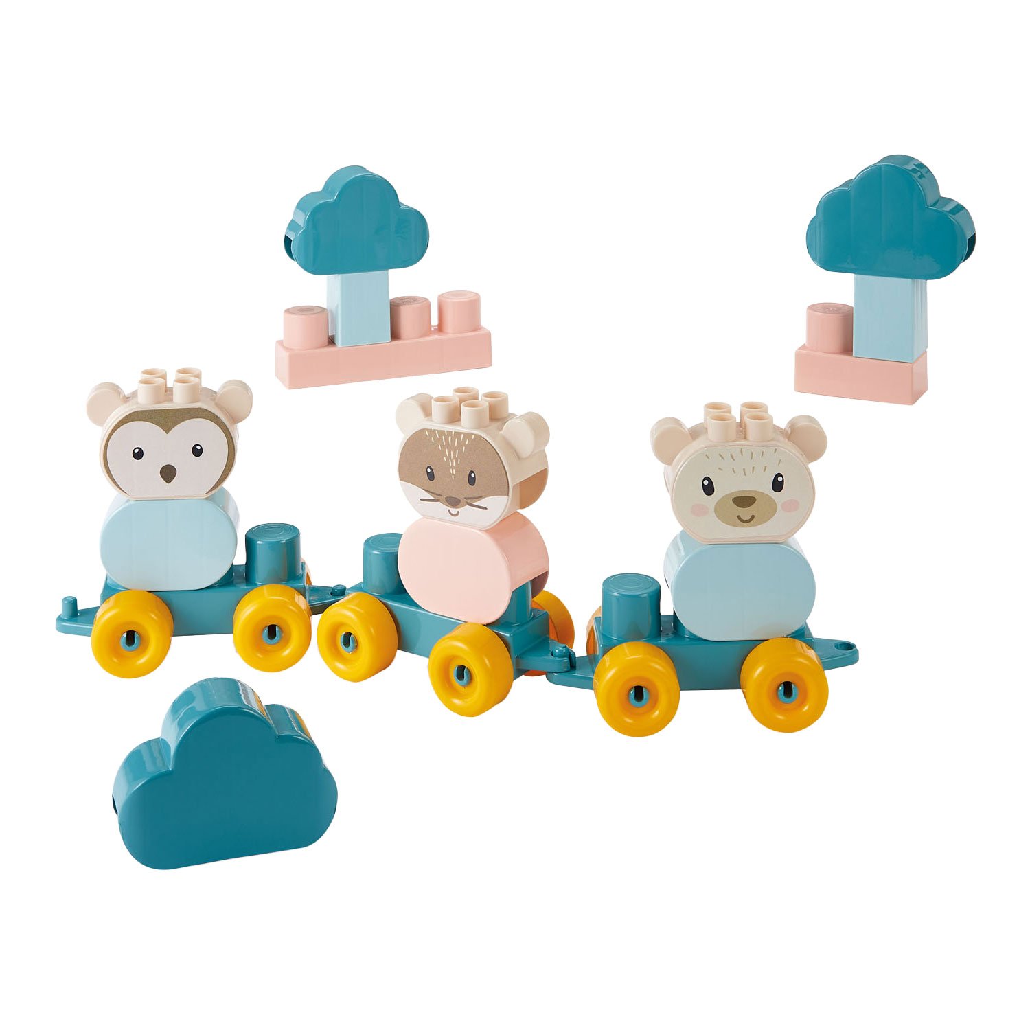 ecoiffier-speelgoed-dieren-trein-bouwblokken-pastel-wolken-bomen Speelgoed dieren trein van bouwblokken met wolken en bomen in pastelkleuren Ecoiffier bb Abrick Dierentrein Beer met Bouwblokken in Koffer
