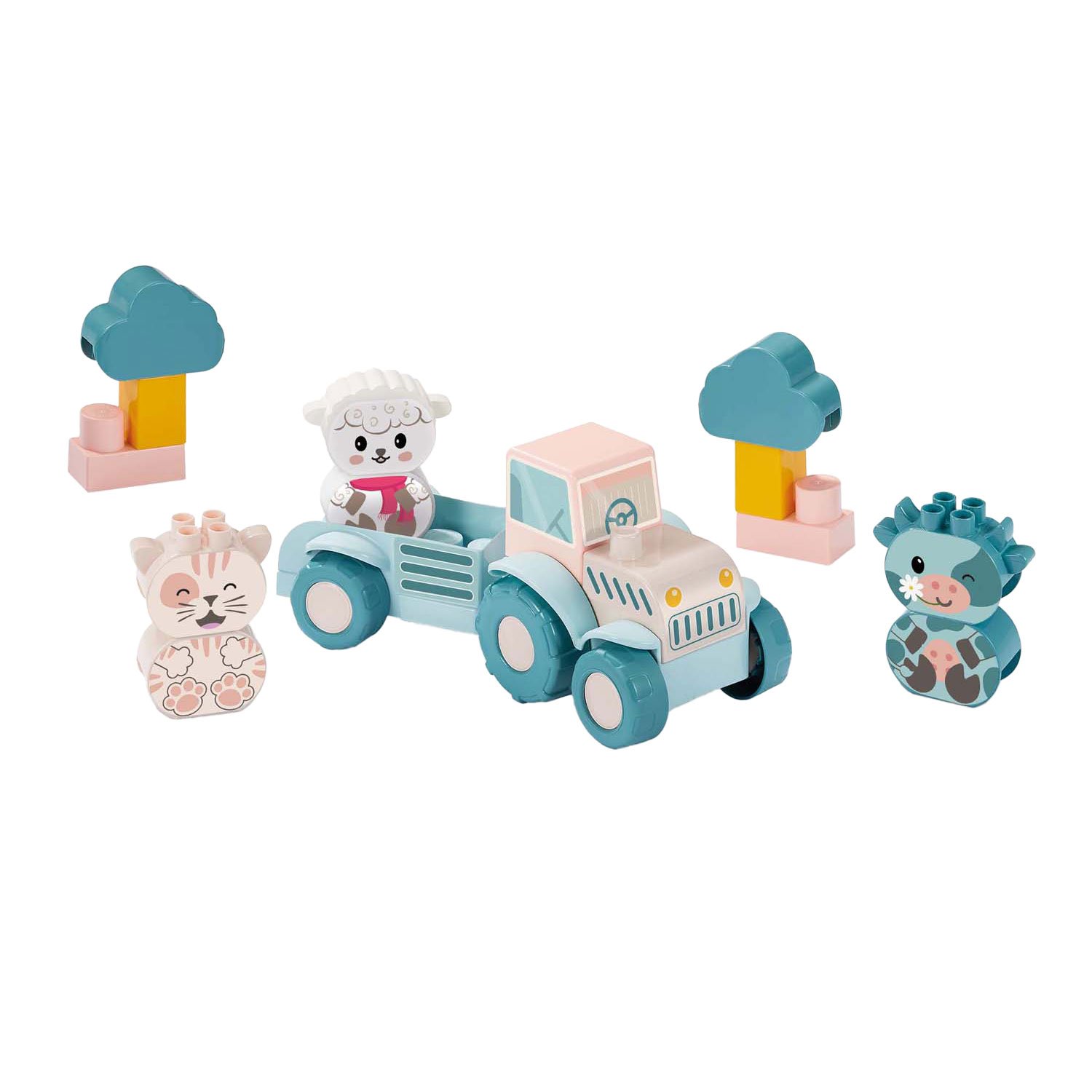 ecoiffier-speelgoed-tractor-boerderij-dieren-pastel-set Speelgoed tractor set met schattige boerderijdieren en bomen in pastelkleuren Ecoiffier bb Abrick Baby Mijn Eerste Tractor met Grappige Dieren