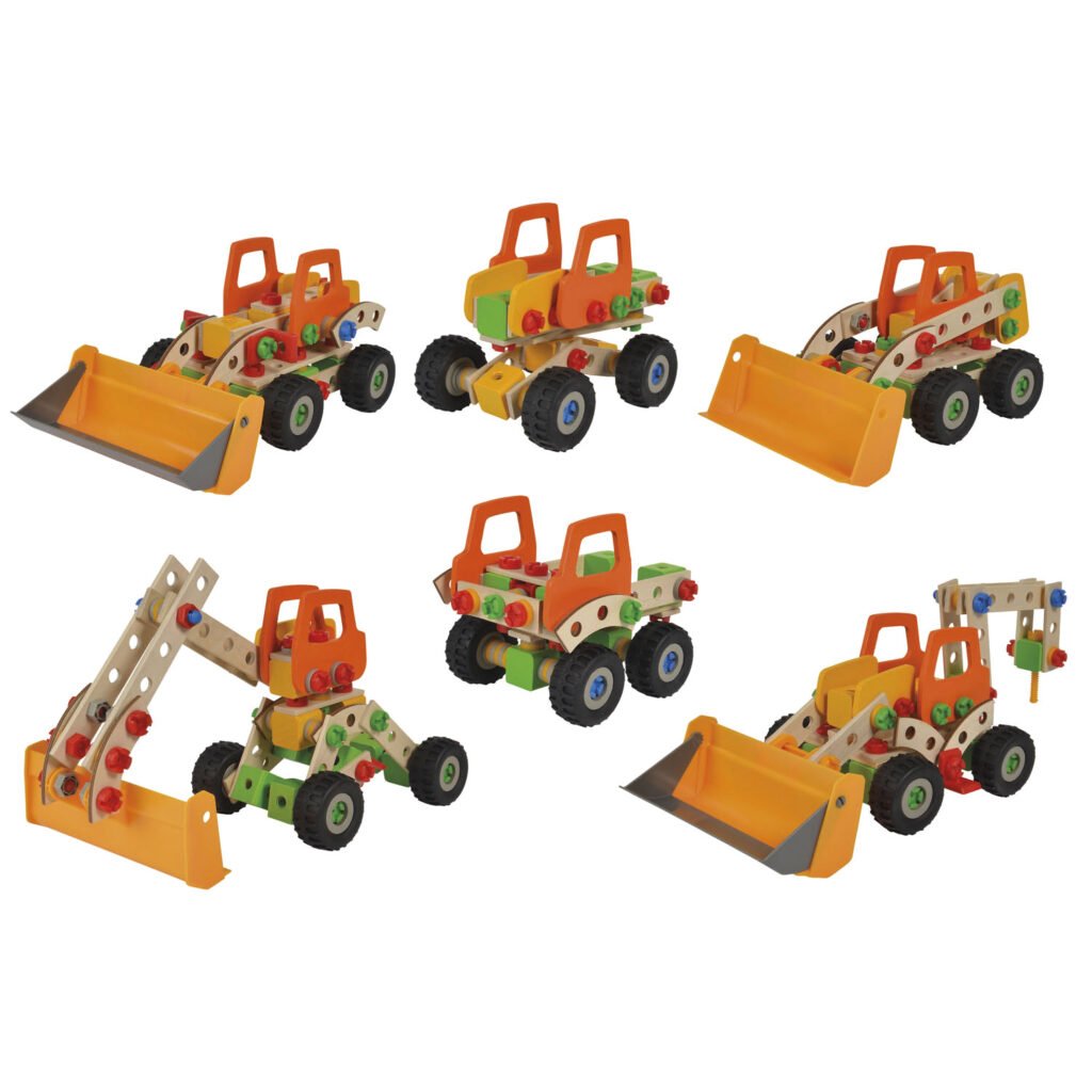 Eichhorn Constructor 6-in-1 bouwvoertuigen van hout met verschillende bouwmachines Eichhorn Constructor Werkvoertuigen 6in1