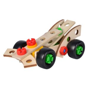 Houten bouwpakket raceauto van Eichhorn Constructor met gekleurde onderdelen