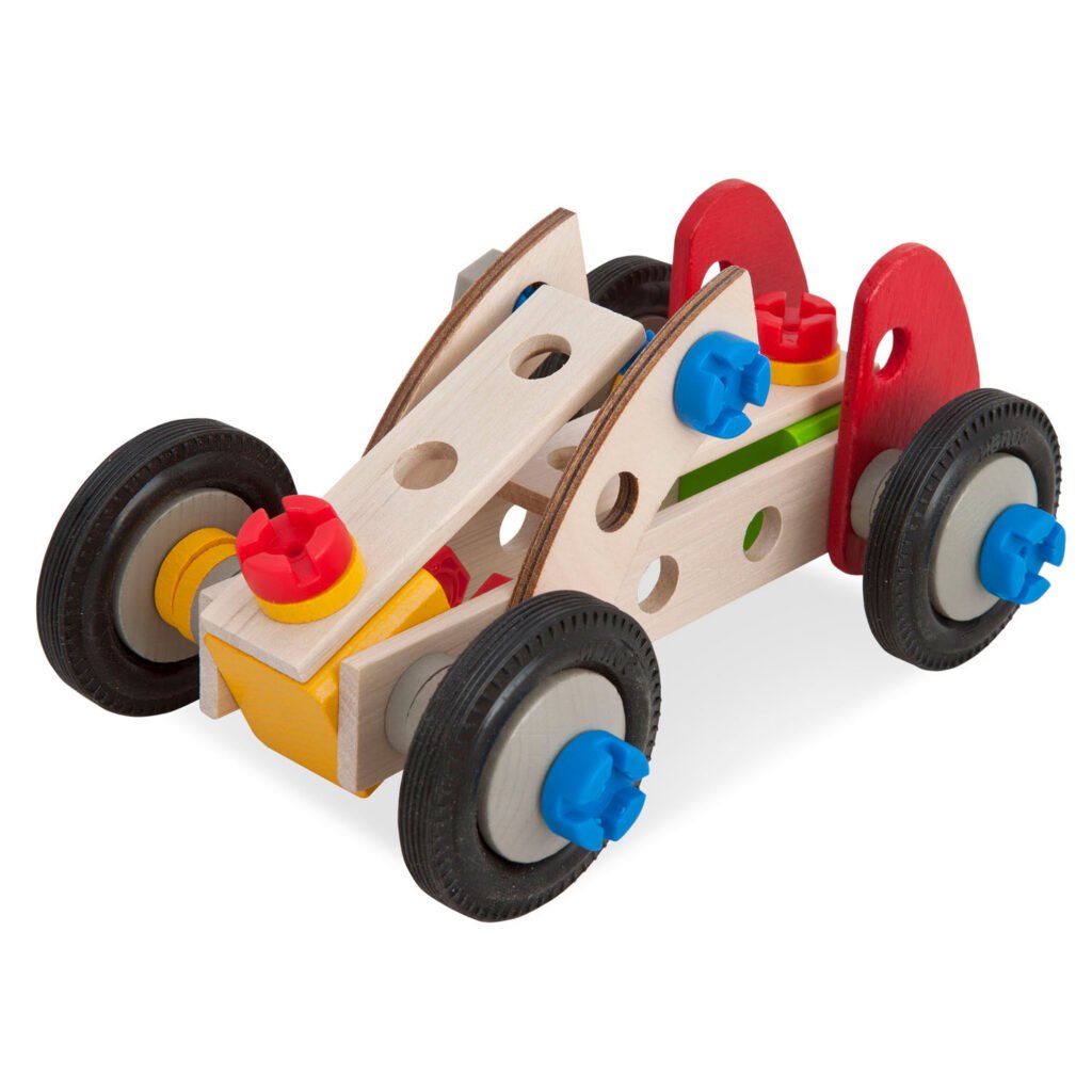 Houten bouwpakket racewagen opgebouwd met houten en kunststof onderdelen Eichhorn Constructor 3in1