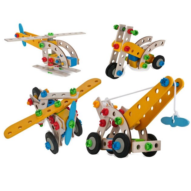 Houten constructieset met kraan, vliegtuig, helikopter en motor Eichhorn Constructor 4in1