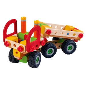 Houten constructiespeelgoed trekker met aanhanger