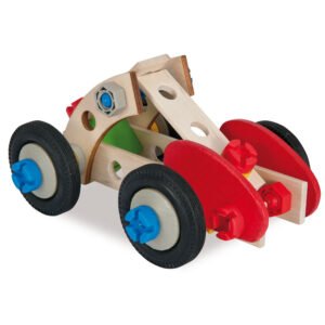 Houten constructiespeelgoed raceauto met gekleurde onderdelen