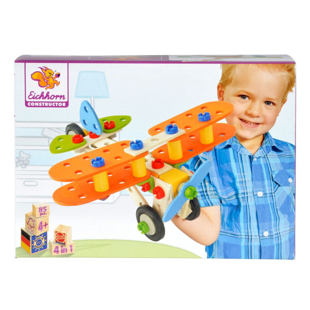 Verpakking van houten constructiebouwset met 4-in-1 modellen Eichhorn Constructor 4in1
