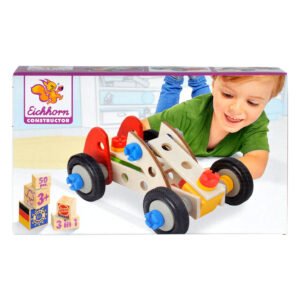Verpakking van houten constructiespeelgoed bouwset met raceauto