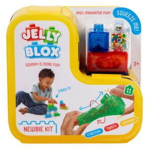 Jelly Blox speelgoedverpakking met zichtbaar blokkenassortiment en kind dat creatief bouwt