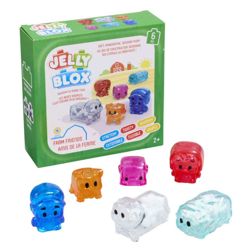 Jelly Blox Farm Friends verpakking met speelgoedfiguren op boerderij-illustratie Jelly Blox - Boerderijdieren