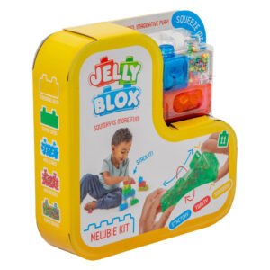 Jelly Blox bouwset in gele verpakking met doorzichtige squishy blokken en speelse productpresentatie