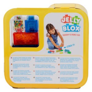 Jelly Blox Newbie Kit speelgoedverpakking met kleurrijke squishy bouwblokken en kind dat ermee speelt