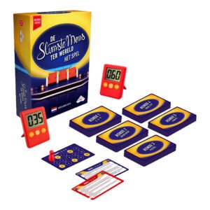 Complete inhoud van De Slimste Mens ter Wereld bordspel met kaarten en timers