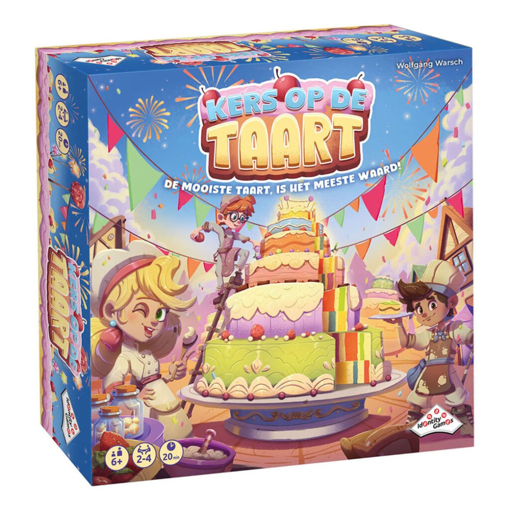 Kers op de Taart bordspel van Identity Games met kleurrijke taart op de speldoos Kers op de Taart Bordspel