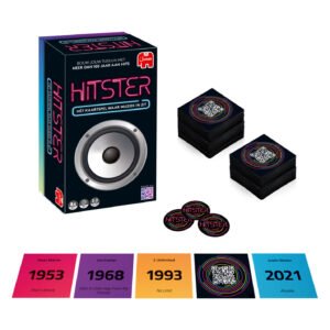 Hitster kaartspel met speelkaarten, fiches en speldoos