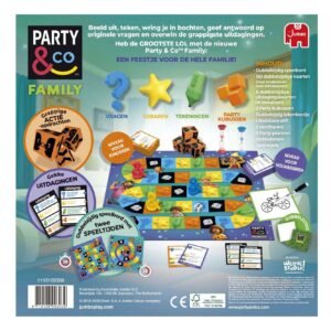 Achterkant van Party & Co Family bordspel met spelbord, kaarten en speluitleg