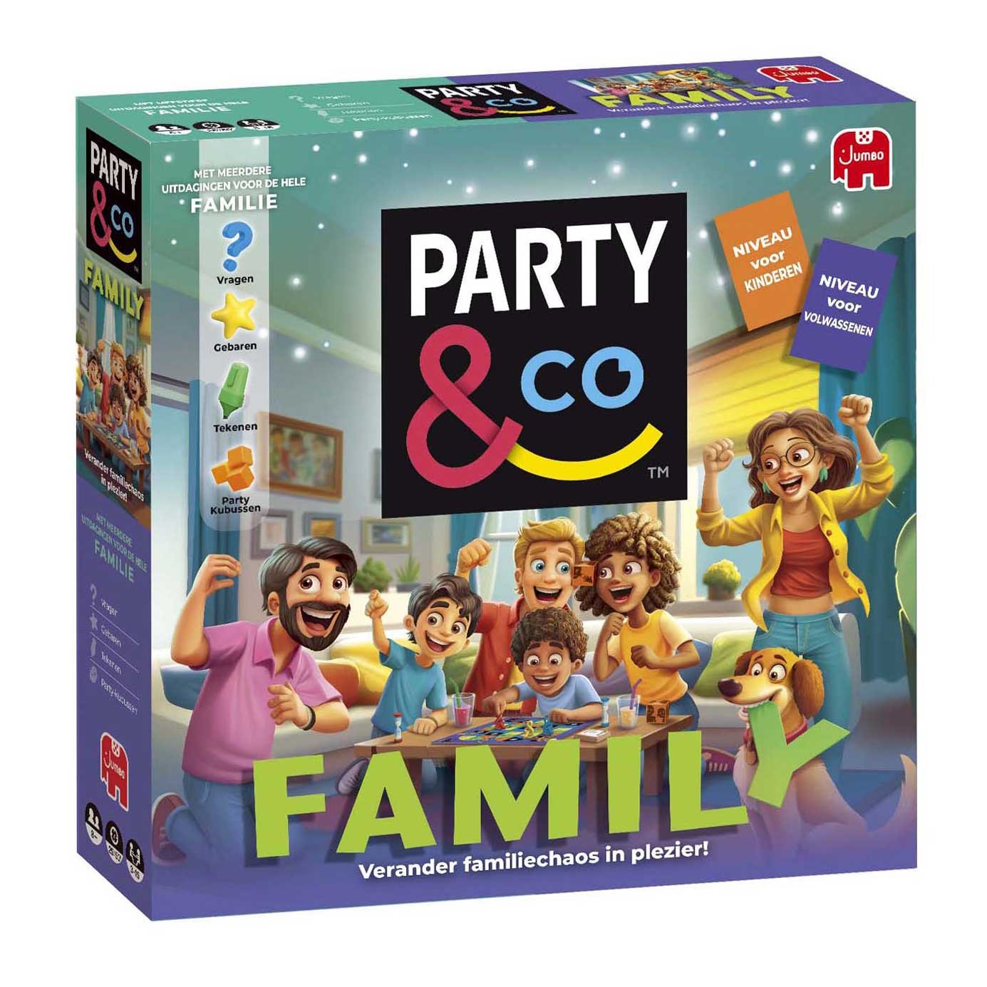 jumbo-party-co-family-speldoos-schuin-vooraanzicht Schuine vooraanzicht van de Party & Co Family speldoos Jumbo Party & Co. Family Bordspel